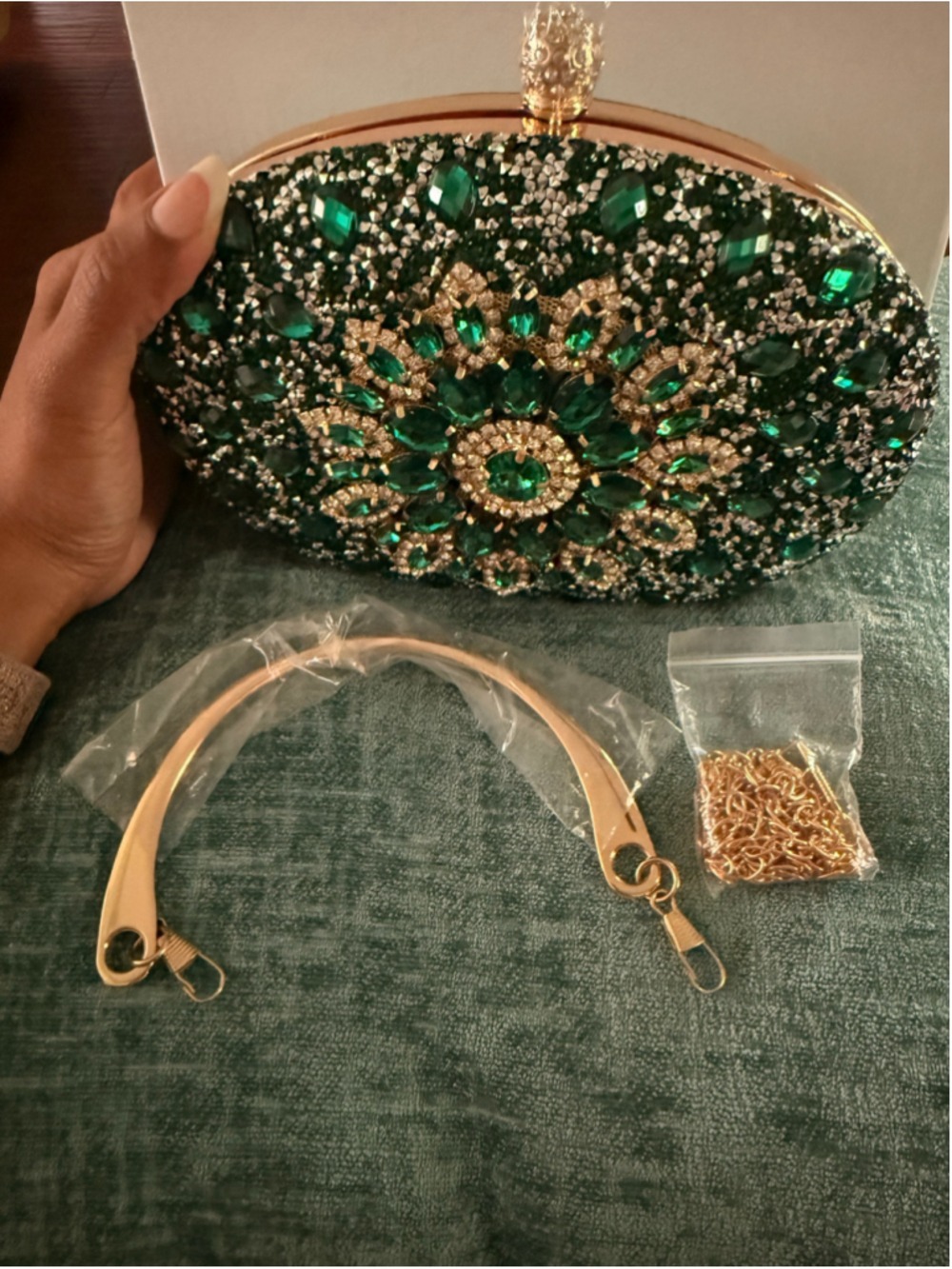 Women's Ramla Rhinestone Clutch Bag Green and Gold - Picture 3 of 6